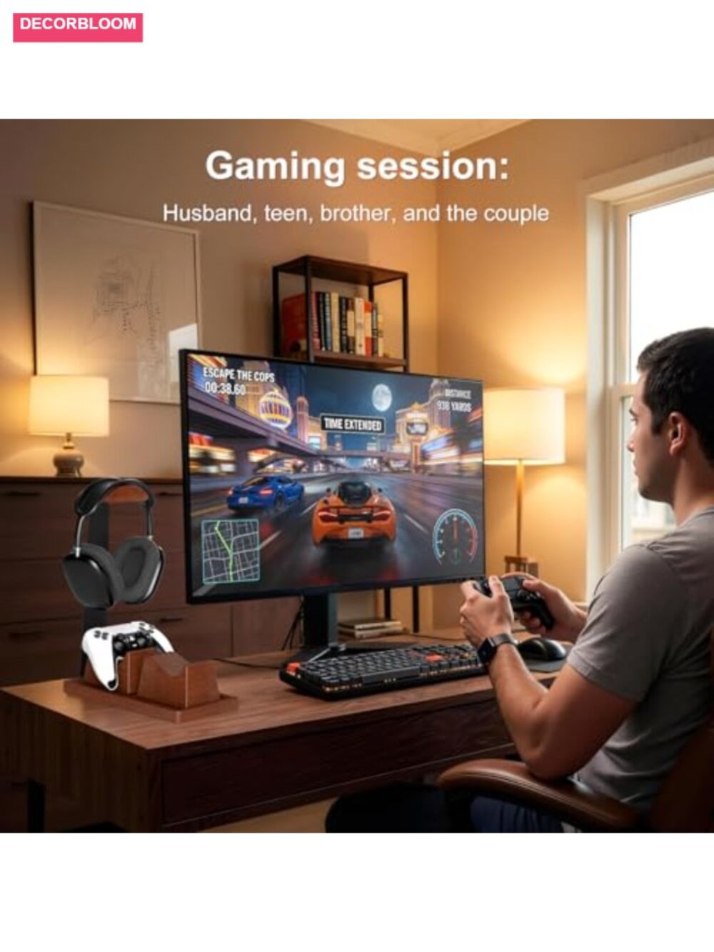 Solid Wood Gaming Headset Stand with Dual Controller Holders Desk Organizer - Picture 6 of 6